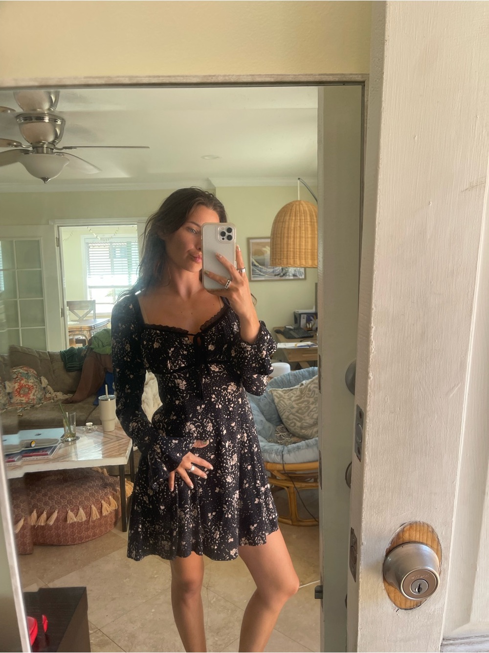 Free People Black Floral Long-Sleeve Mini Dress